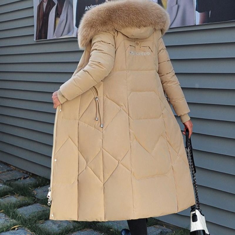 BITCED Winter Fashion Plus Size Cotton Coat for Women Long Waist-cinched Knee-length Thickened Coat with Large Fur Collar