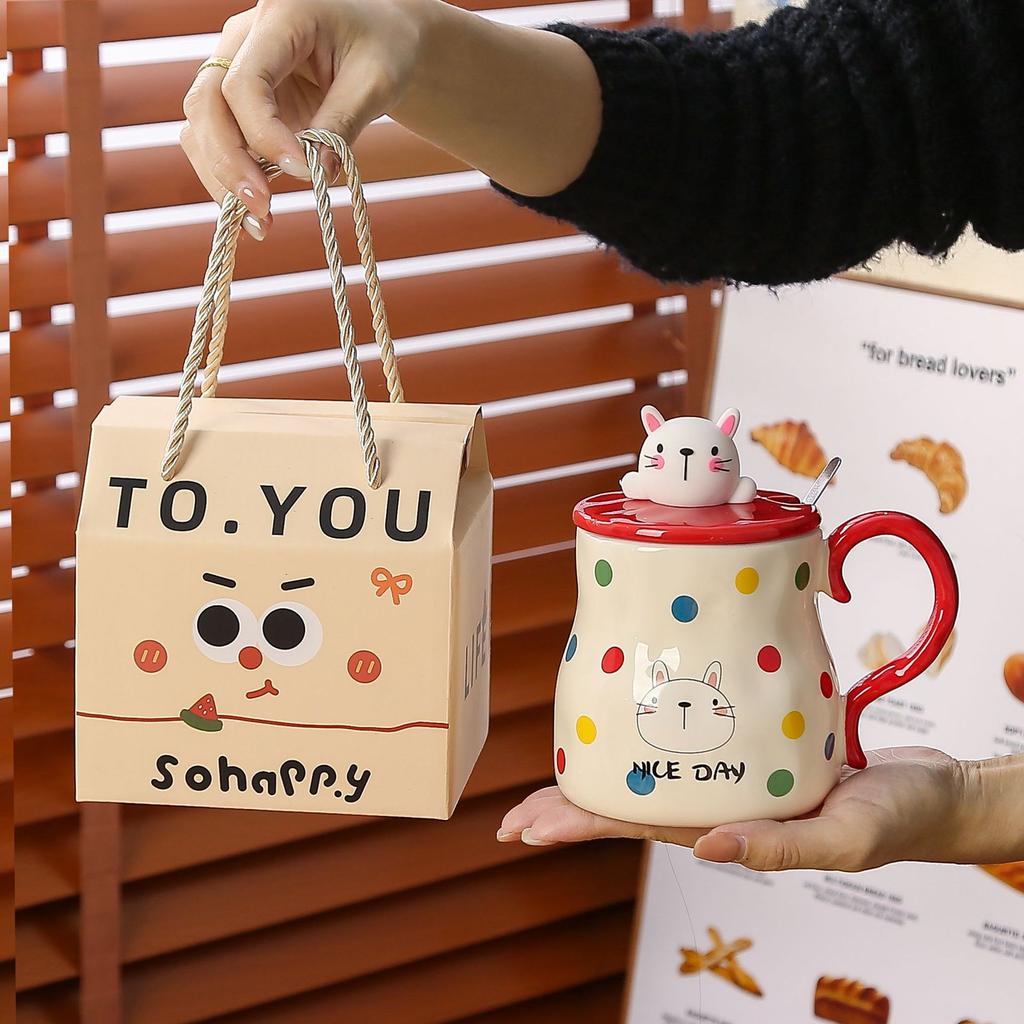 Polka dot animal cat mug with lid spoon gift box ceramic cup household water cup female cute office cup