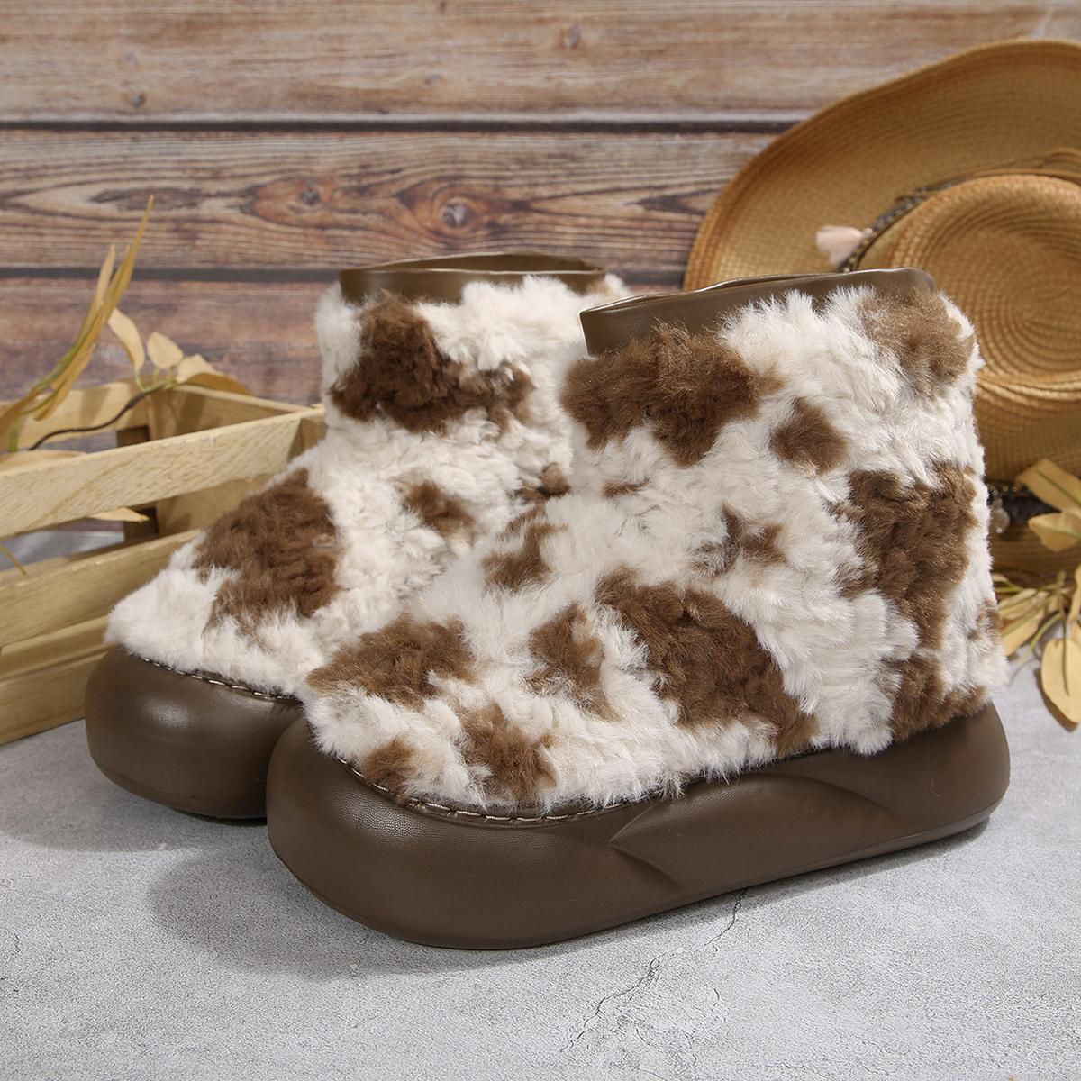 

Теплые короткие плюшевые милые ботинки-дутики на толстой подошве женские 2025 зимние смешанной расцветки леопардовые ботильоны на платформе брендовые пушистые меховые туфли 40-41