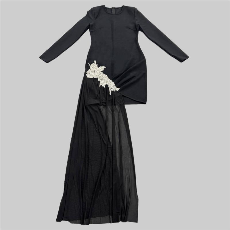 Round High Neck Long Sleeve Bandage Skirt Mesh Dress Splicing Heavy Industry Metal Tight Sexy Women's Clothing