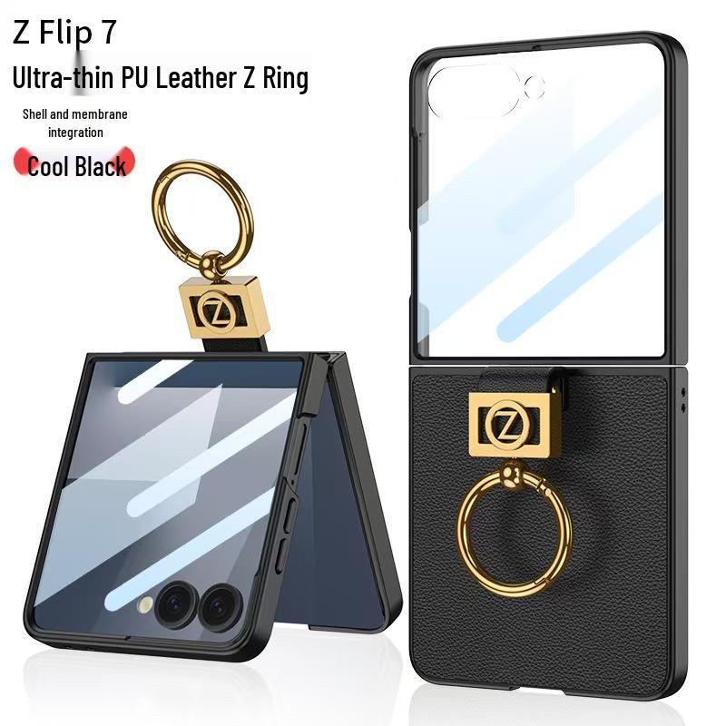 Samsung Z Flip7 Ultra-Thin PU Leather Folding Case with Ring Buckle