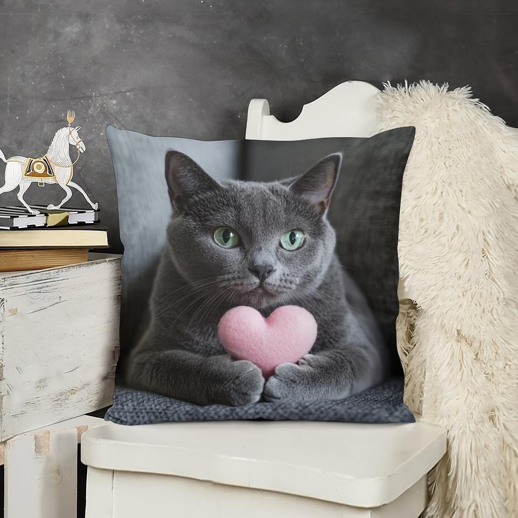 1 modern grey cat heart pillow cover, machine washable, polyester