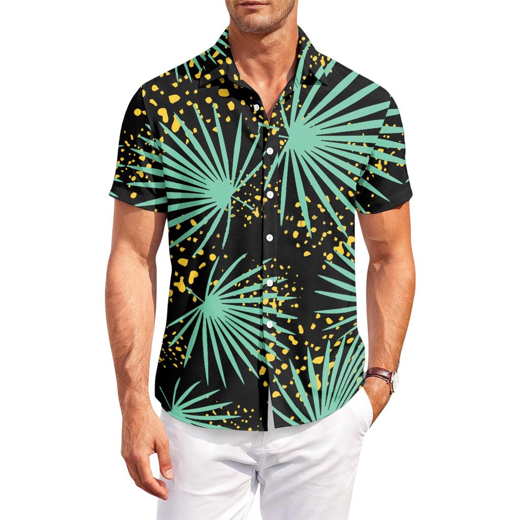 Men's Hawaiian Print Short Sleeve Button Down Shirt Casual Outdoor Collared Top with Tree Pattern for Summer Beach Vacation
