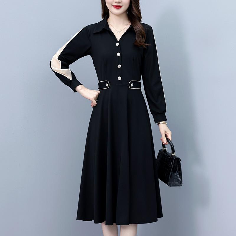 Elegant Color Block Patchwork Slim Fit Mid-Length Plus Size Long Sleeve Dress for Women - Spring/Autumn Collection