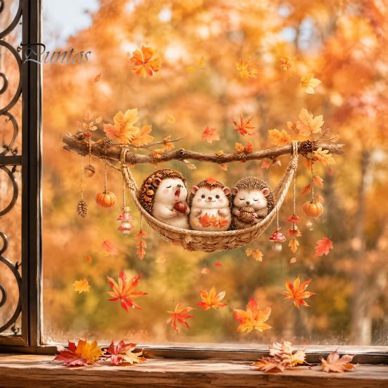 Seasonal Window Films 2Pcs Fall Maple Leaves Animals Static Stickers, Autumn Squirrel/Hedgehog/Rabbit/Raccoon Glass Removable Decor PVC Waterproof