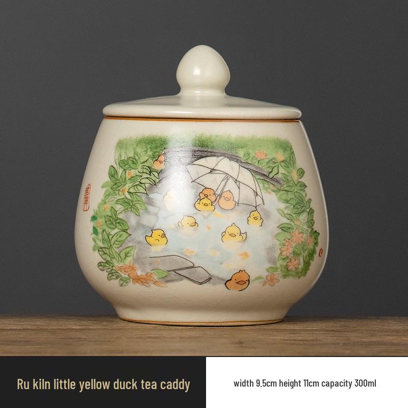 

Изысканная керамическая чайница Жу Яо в виде жёлтого утёнка - Влагонепроницаемая, высококачественная и портативная банка для хранения с крышкой 300ml