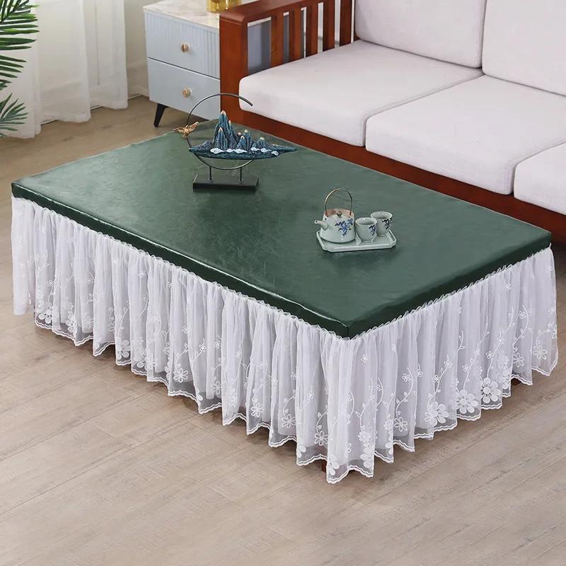 Waterproof Heat-resistant Table Cover Embroidered Lace Edge Leather Tablecloth Dining Table Chiffon Hem Oil Proof Dust Cover