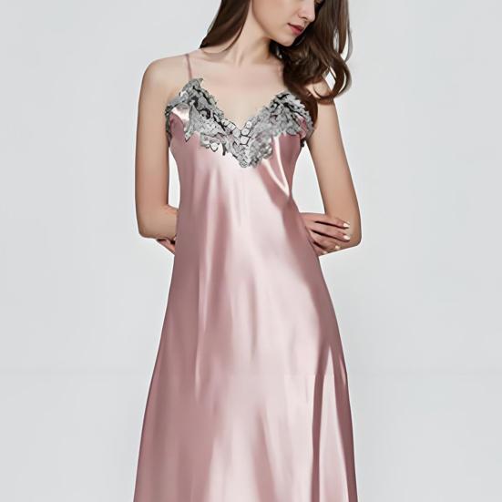 Women's Satin Lace Nightgown Spaghetti Strap Sleeveless Slip Dress Soft V Neck Maxi Sleepwear Silky Chemise Nightdress