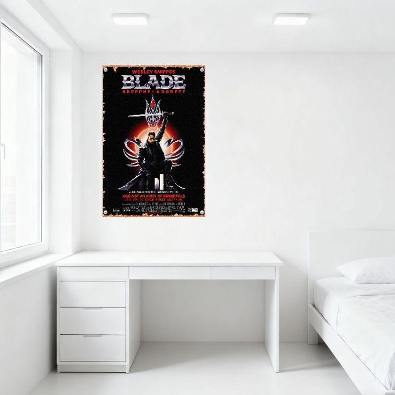 Blade Movie Poster Metal Tin Sign Wesley Snipes Black Leather Outfit Character Against Immortals Vintage Distressed Wall Decor F