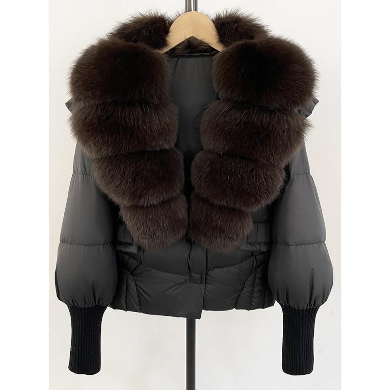 Womens Short Puffer Coat With Real Fox Fur Collar Winter Warm Down Jacket Loose Fit Small Stature