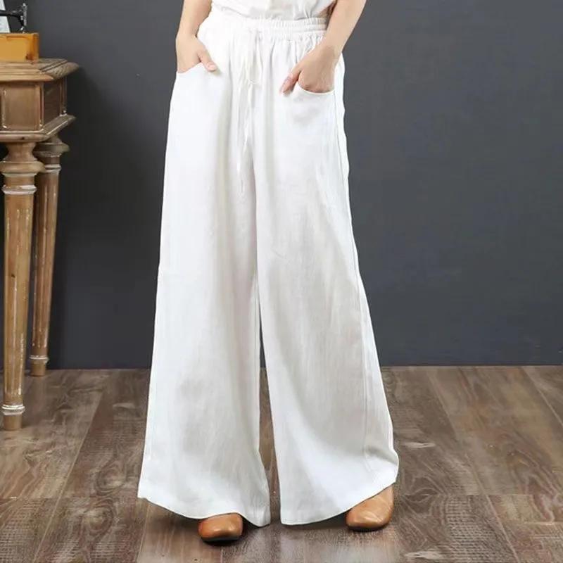 Damen Leinen Palazzo-Hose mit weitem Bein, elastischer hoher Bund, lässig