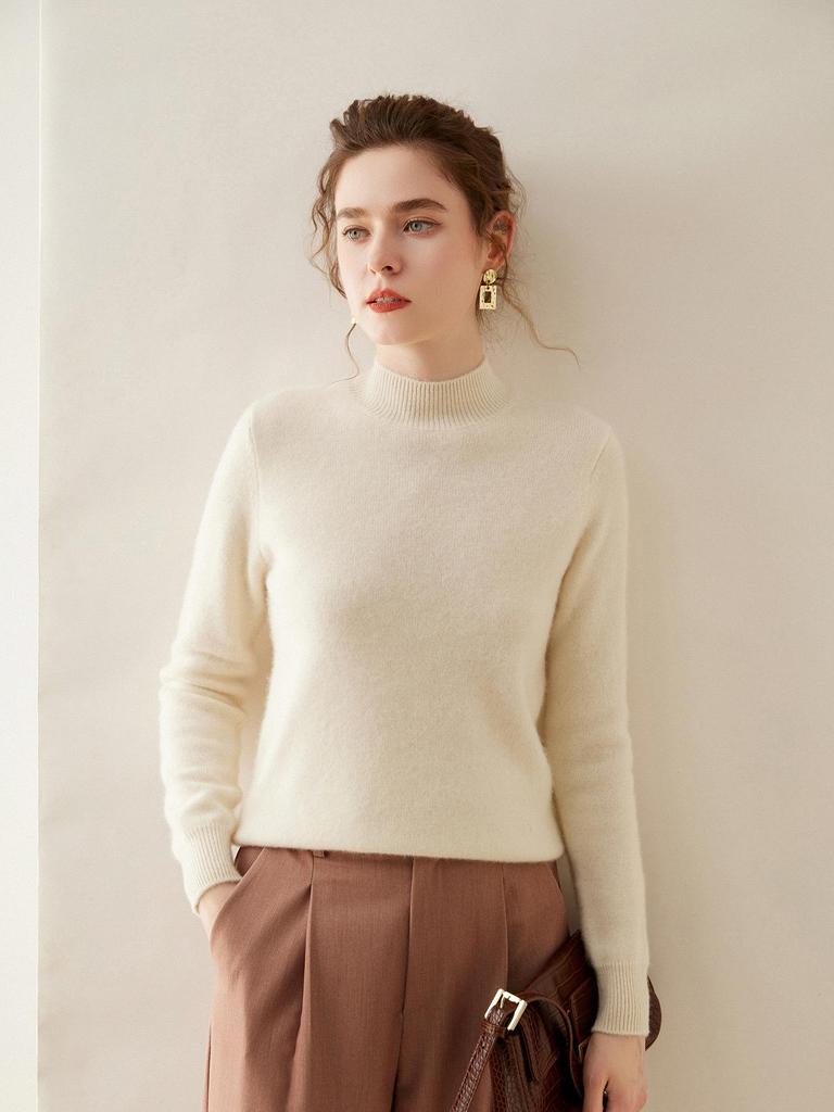 Women's Classic Cashmere Half-High Neck Knit Sweater - Thick, Warm, and Loose Fitting Base Layer Top