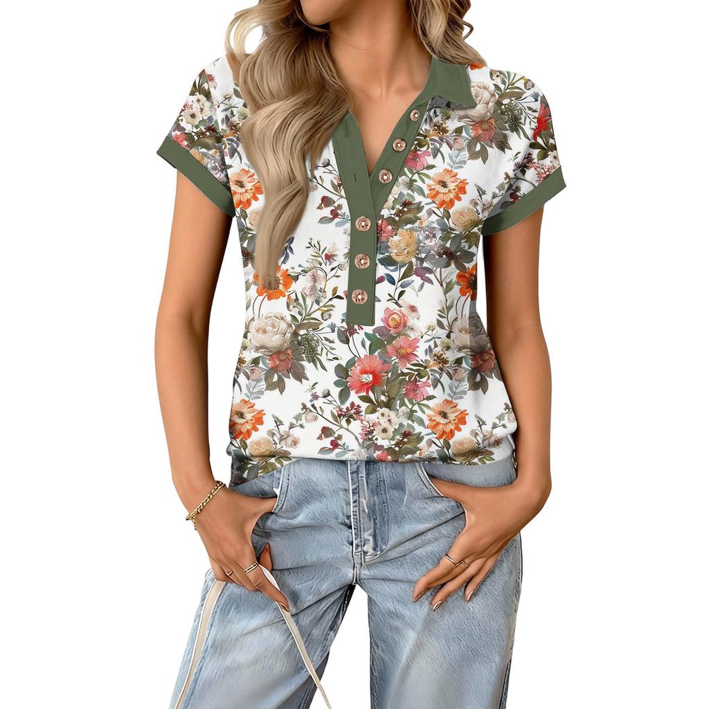 Women's Fashionable and Casual Summer V,neck Patchwork Short,sleeved Floral Print Top