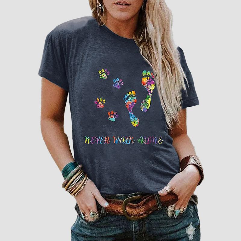 Modisches T-Shirt mit Aufdruck „Footprint“ für Damen, lustiges, lässiges T-Shirt mit O-Ausschnitt und kurzen Ärmeln, Sommer-T-Shirt für Damen