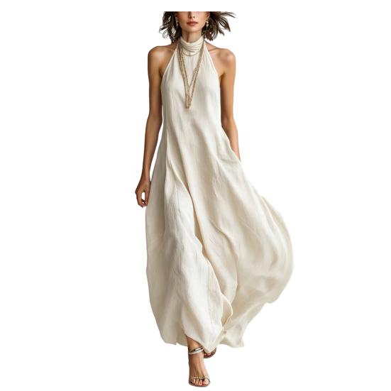 

Women Summer Halter Neck Maxi Dress Casual Sleeveless A-line Long Dress Casual Beach Vacation Flowy Sundress XXXL білий