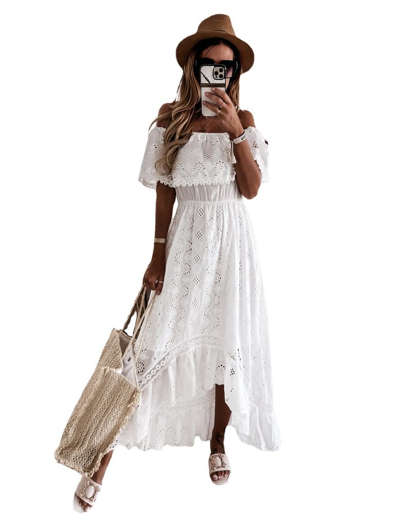 European and American bohemian lace long dress white beach dress new tube top one-word shoulder sexy dress women