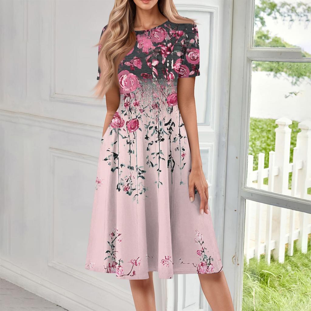 Women's Casual Fashion Round Neck Short Sleeve Print Midi Dress