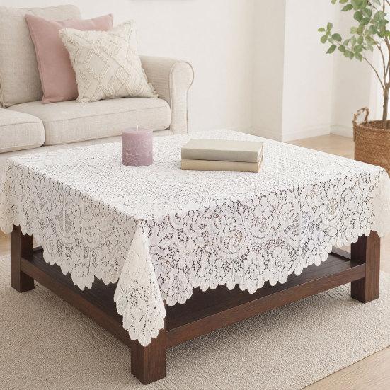 White Lace Tablecloth, Square Scalloped Floral Lace Doily, Elegant Vintage Table Cover for Nightstand End Table Tea Party Home Decor