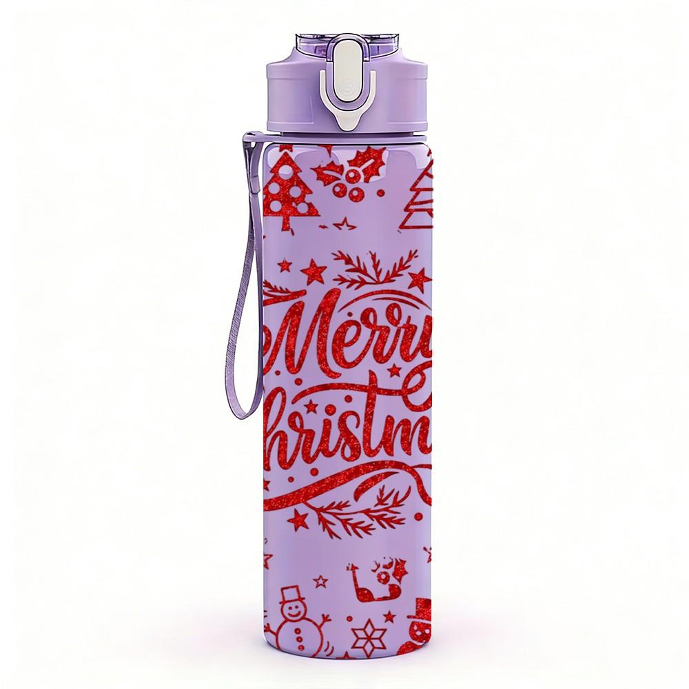 1PC Vintage Merry Christmas Text Print 750ml Color Plastic Sports Water Bottle Leakproof Flip Straw Lid Suitable for Sports Office Home Use