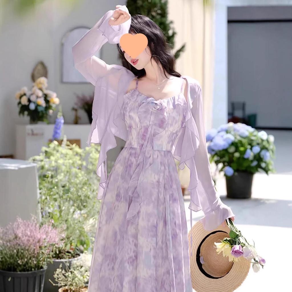 Elegant Purple Suspender Dress & Sun Protection Cardigan Set