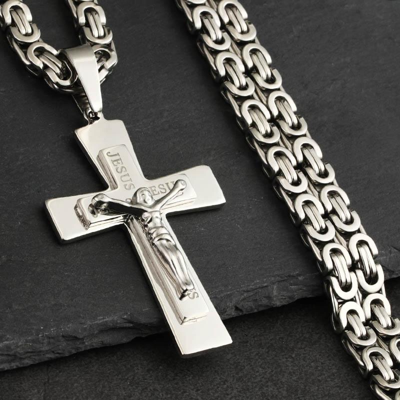 Jesus Stainless Steel Cross Pendant Necklace Men Link Chain Charm Necklace Cool Boys Orthodox Pendant Necklace Jewelry Gift