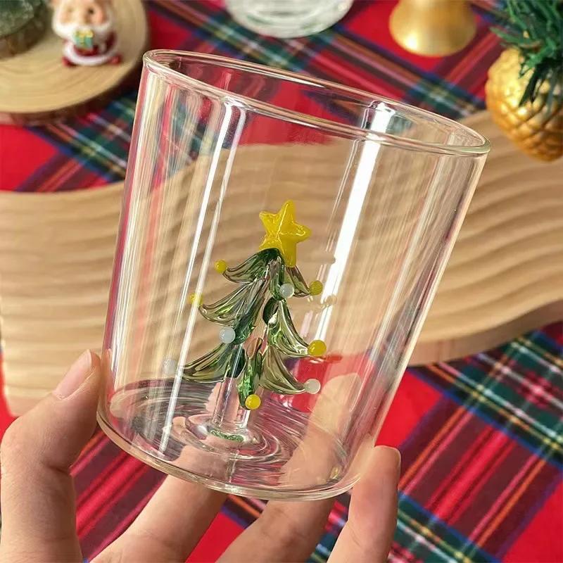 300ML Glass Water Cup with 3D Christmas Tree Rose Decoration For Daily Party Drinking Glasses Coffee Milk Mug Lover Gifts