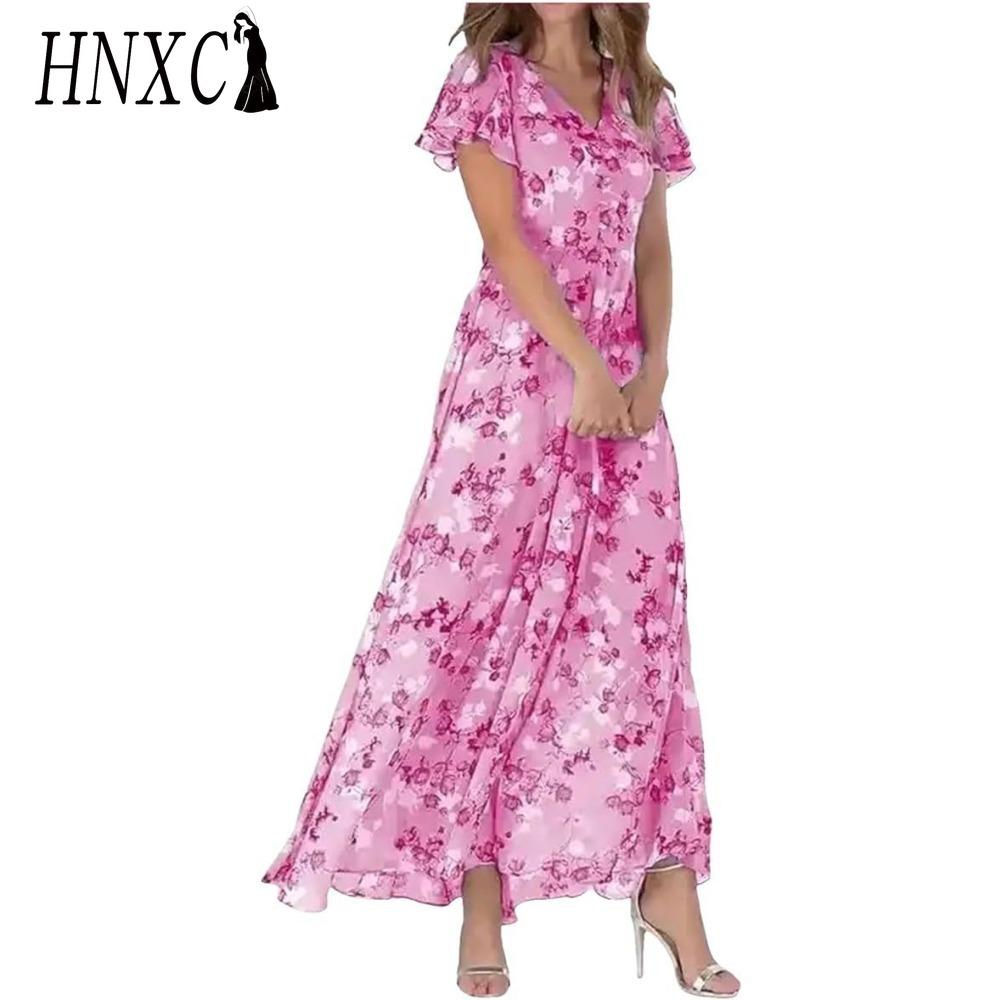 HNXC 6 Color V-neck Ruffle Maxi Dress Short Sleeves Fitted Waist High Waist Flowy Hem Cute Floral Chiffon Dress Women Clothing