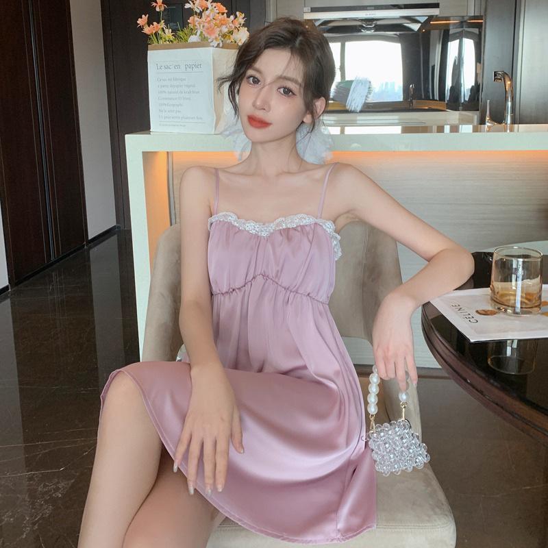 

Summer sweet sexy pure desire high sense suspender nightdress lace lace simulation silk thin women s short skirt m [recommendation 40-50kg]