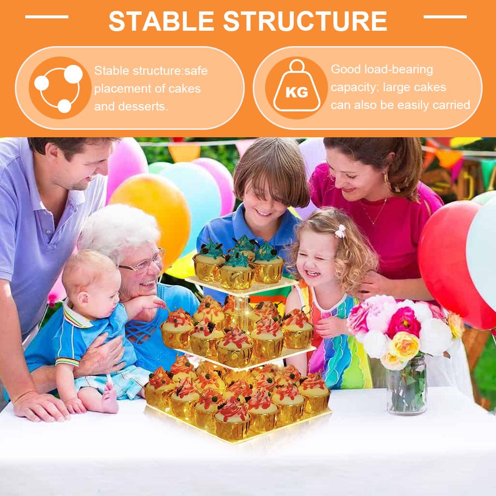 3/4 Tier Acrylic Cupcake Display Stand with LED Light Cupcake Tower Stand Multifunctional Cake Serving Platter for Party Decor