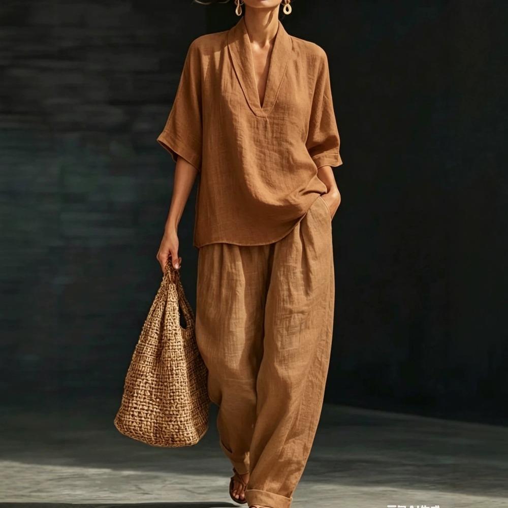 Damen Lässiges V-Ausschnitt Kurzarm Top & Weite Hosen Zweiteiliges Set, Lockeres Entspanntes Outfit für den Sommer