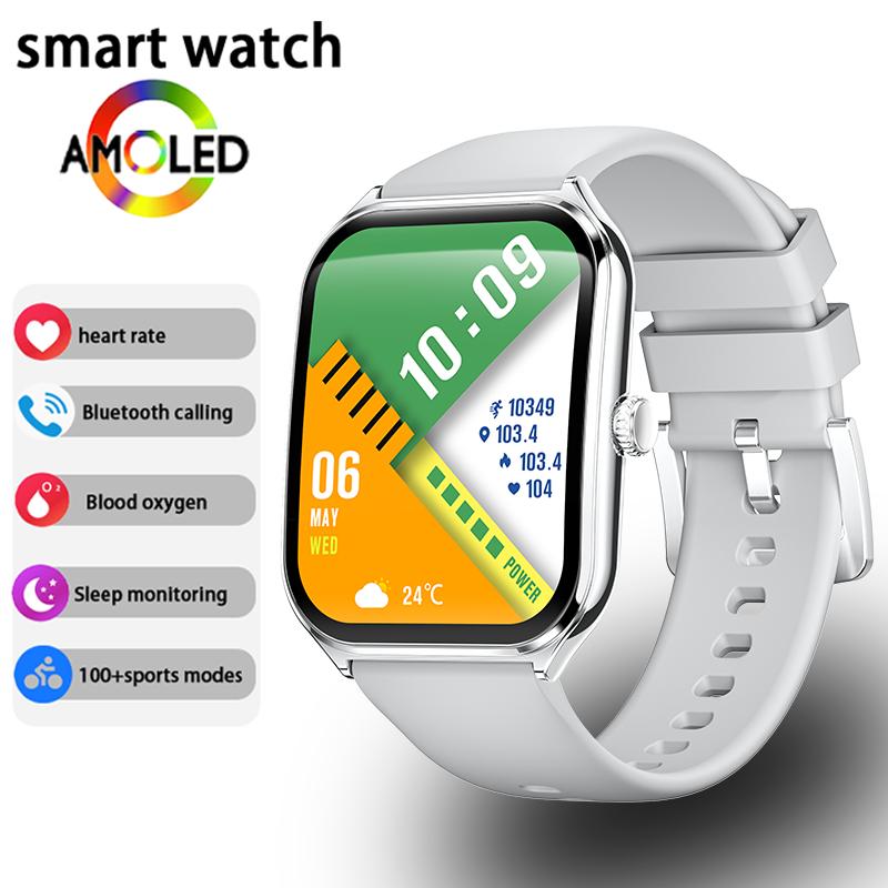 

Ultra Thin Smart Watch men 1.96 AMOLED HD Pixel Display Always Show Time BT Call Reminder Health Monitor Smartwatch with silicone band срібний
