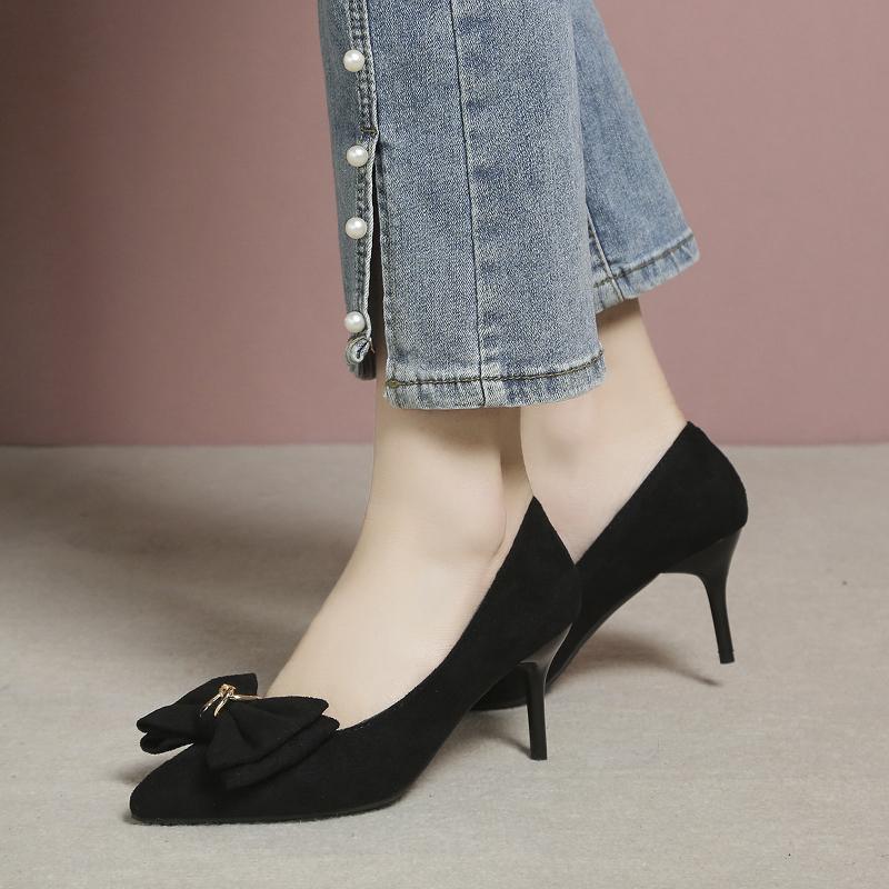 Black High Heels, Slim Heels, 2025 New Suede Pointed Temperament Women's Shoes, Rhinestone French Style Girls' Single Shoes