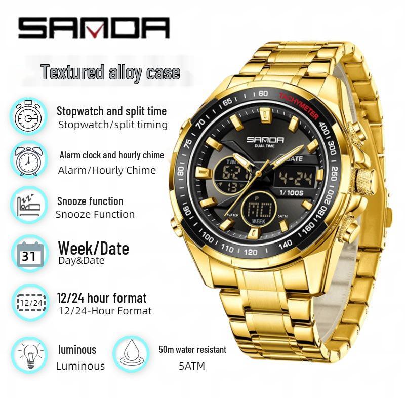 Sanda Men's Waterproof Dual Display Multi-Function Watch with Timer, Snooze, and Night Light.
