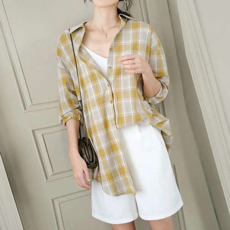 

Хлопковая клетчатая рубашка Женская Весенне-осенняя тонкая одежда с защитой от солнца Женский кардиган с длинным рукавом Топ средней длины S жёлтый