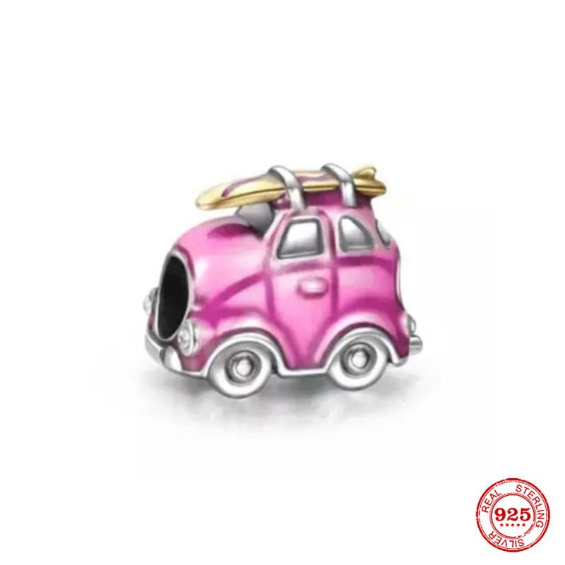 S925 Sterling Silver Pink Black Motorcycle Car Bike Dangle Charm Bead Fit Original  Bracelet Pendant DIY For Women Jewelry