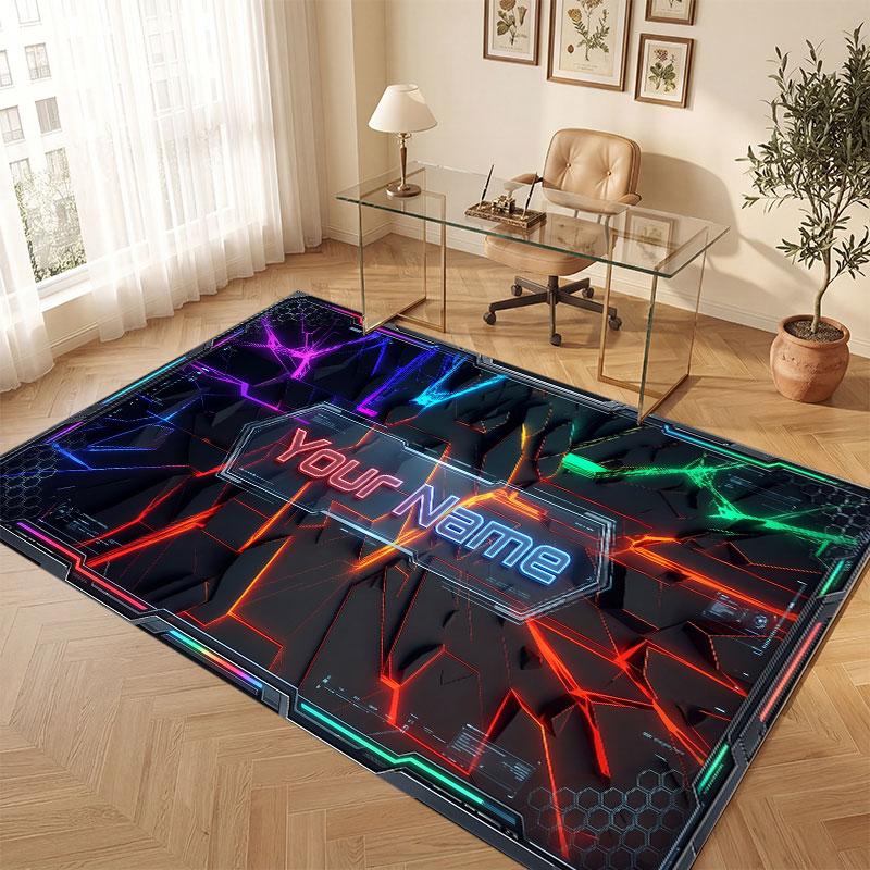 City Cyberpunk Theme Crystal Velvet Floor Rug Personalized Custom Name Text Warm Carpet Home Decoration