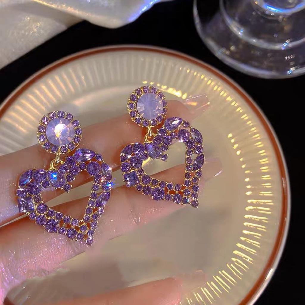 Exquisite 925 Silver Purple Heart Stud Earrings with Elegant Stone Design for Women