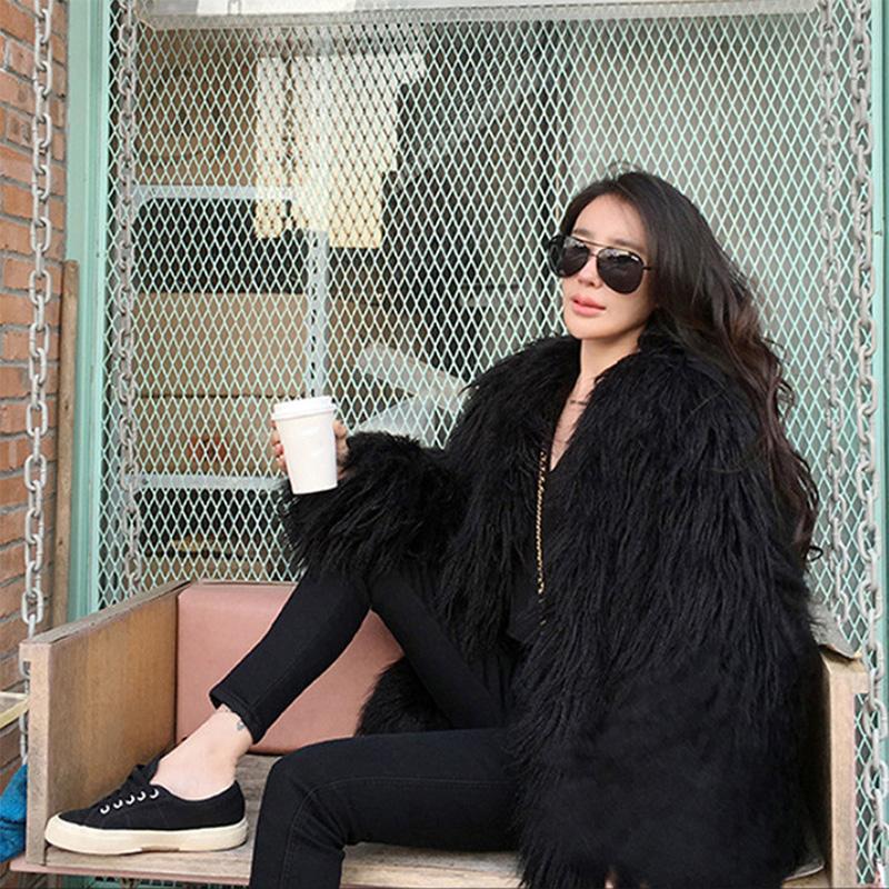 Women Wool Faux Fur Coat Autumn and Winter Mid-length Slim Warm Lamb Long Hair Leisure Jackets