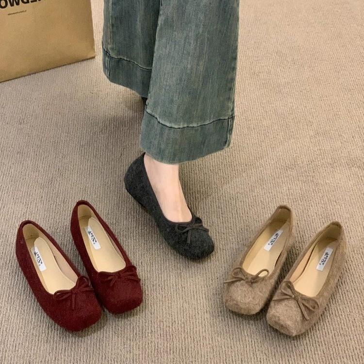 French Retro Ballet Flat Bottom Shallow Mouth Single Shoes Women's New Woolen Soft Sole Doudou Shoes One Pedal Ladyshoes