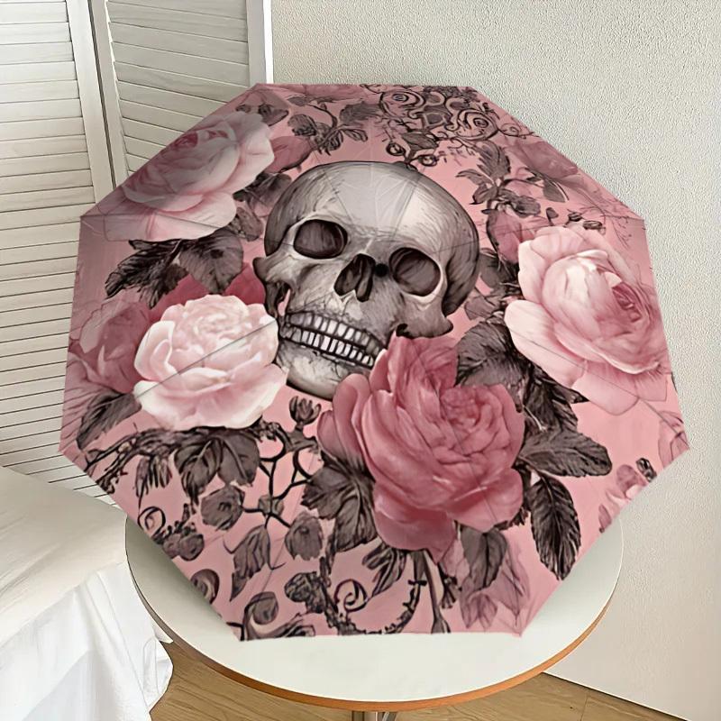 1PC Skull FlowersUmbrella-8-Rib Reinforced, Automatic Open, Lightweight & Durable, Cute Fashion Accessory for Outdoor-P210