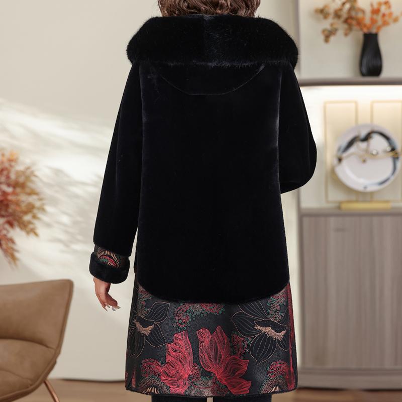 Nositelný z obou stran Dámský dlouhý kabát z umělé kožešiny pro ženy středního věku ve velkých velikostech Zimní svrchní oděv s kapucí Elegantní Hřejivá silná kožešinová bunda pro ženy Oblečení