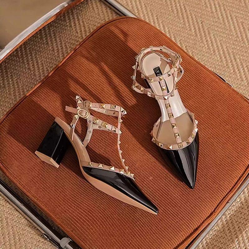 

Temperament wind! Rivet sandals spring thick heel pointed high heels women s hollow nude single shoes 34