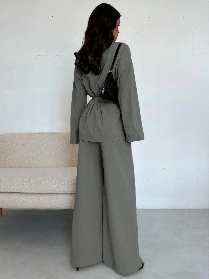 2025 Autumn/Winter European & American Fashion V-Neck Women's Elegant Long-Sleeved Wide-Leg Pants Set