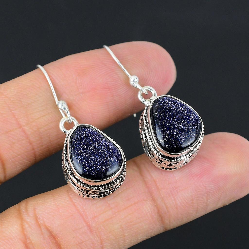 Halloween Sale 925 Sterling Silver Blue Sunstone Gemstone Dangle Drop Earrings