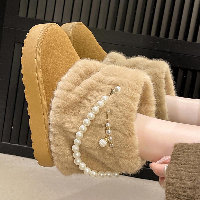 fashion Pearl Chain Decor Warm Snow Boots for Women Winter 2024 Fluffy Plush Platform Ankle Boots Woman Thick Sole Cotton Padded Shoes