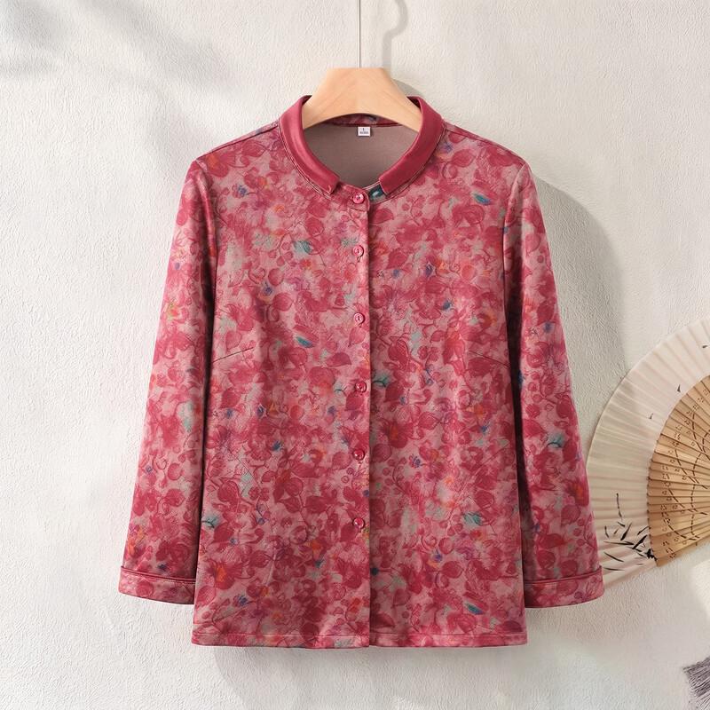 Yuzhaolin Elderly Women's Traditional Leaf Print Stand Collar Blouse