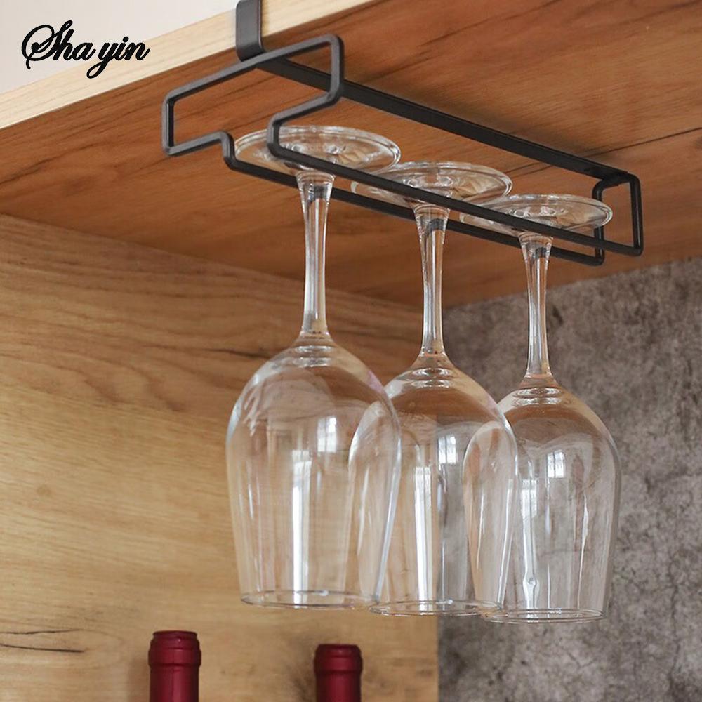 Non perforated inverted iron hanging high footed red wine cup holder, home bar hanging glass storage rack, glass organizer