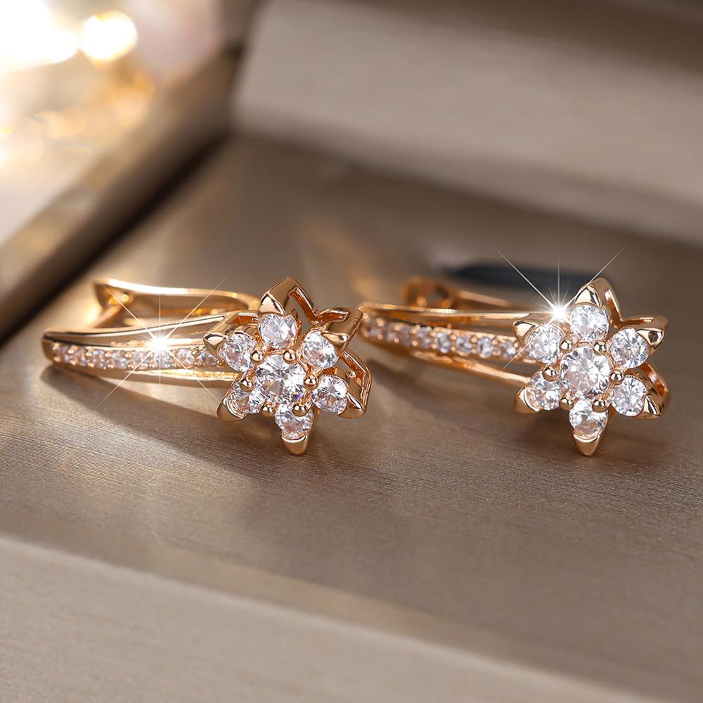 Sparkling White Zircon Star Flower Drop Earrings for Women Golden Wedding Party Jewelry Gifts
