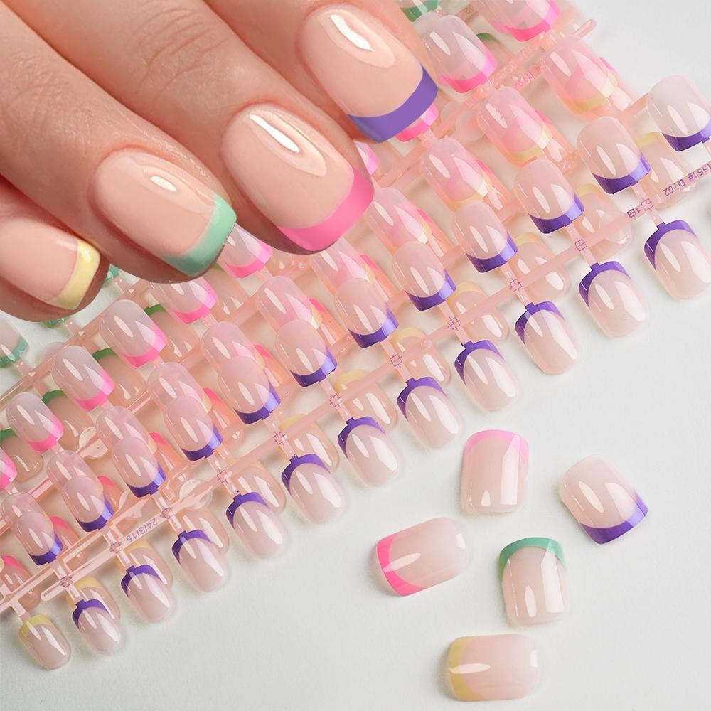 5Colors/120Pc Short Square French Press-On Nail Set Soft Gel Glossy Acrylic Full Coverage Nail Tips Purple Pink Ombre False Nail