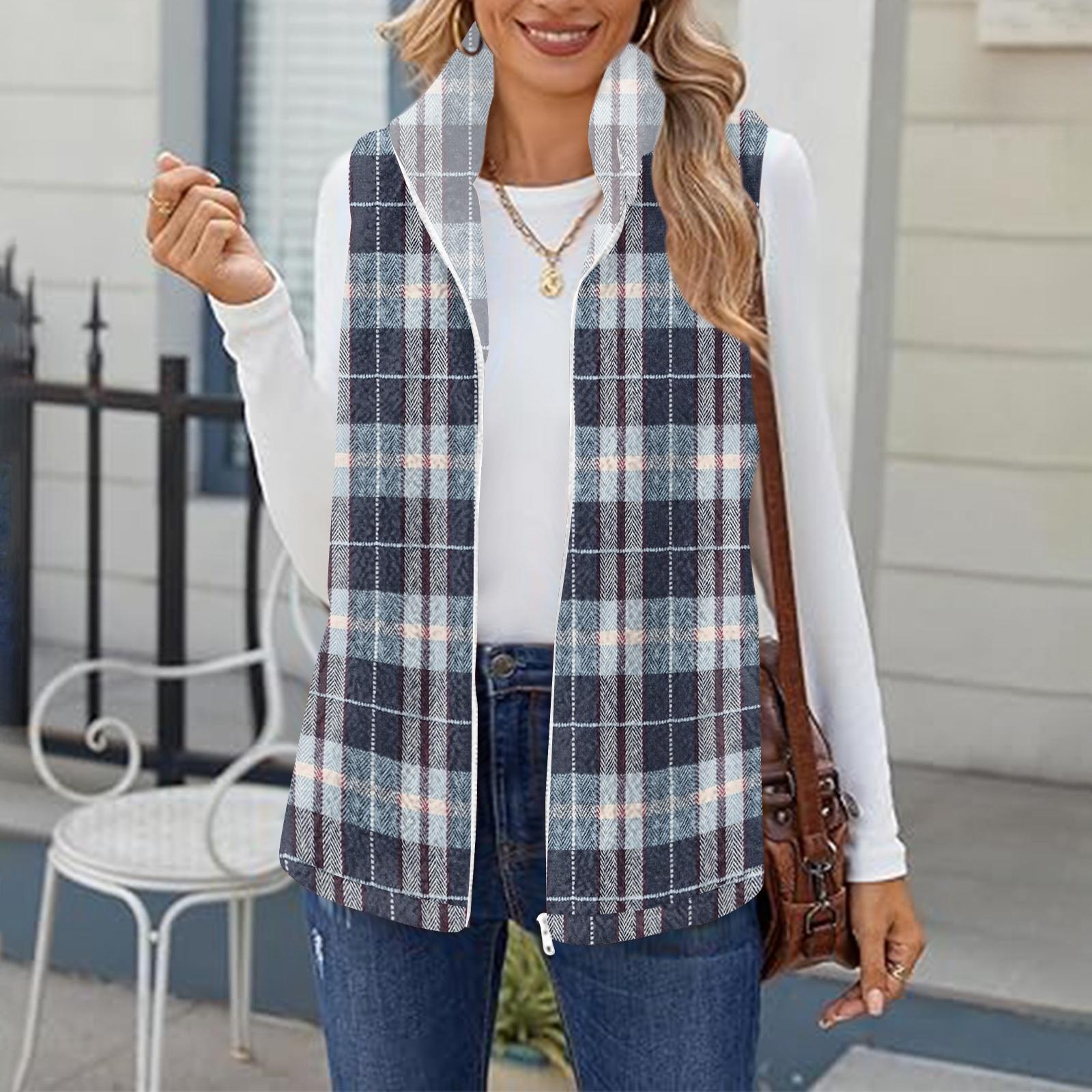 Женский модный и теплый флисовый кардиган-жилет с клетчатым принтом S